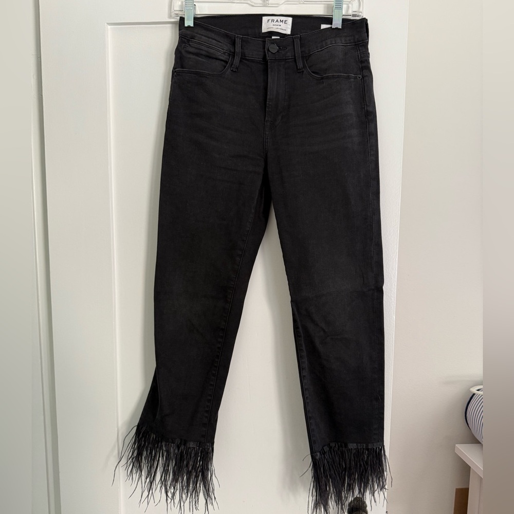 Frame Denim Black Feather Trim Ankle Jeans
